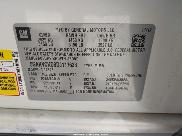 2013 Buick Enclave Leather მანქანა იყიდება აუქციონზე, vin: 5GAKVCKD8DJ117628, აუქციონის ნომერი: 45893815