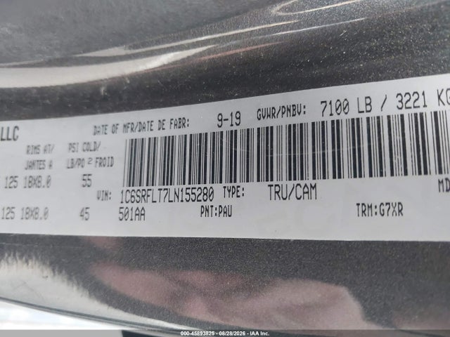 45893825 :رقم المزاد ، 1C6SRFLT7LN155280 vin ، 2020 Ram 1500 مزاد بيع