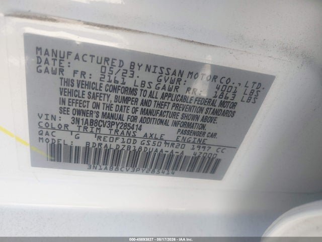Продаж на аукціоні авто 2023 Nissan Sentra Sv Xtronic Cvt, vin: 3N1AB8CV3PY285414, номер лоту: 45893827