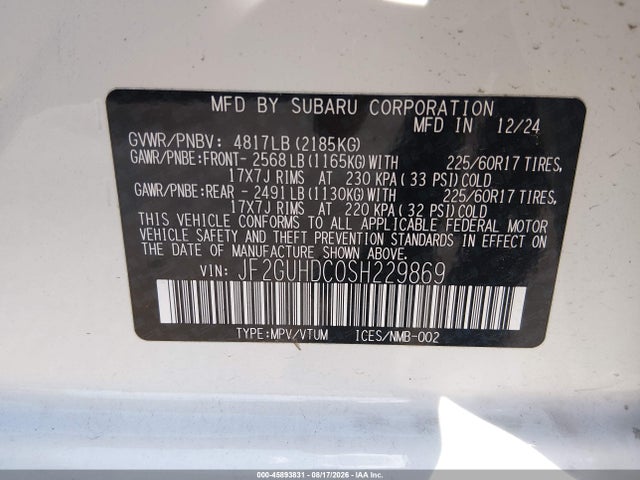 Aukcja sprzedaży 2025 Subaru Crosstrek Premium, vin: JF2GUHDC0SH229869, numer aukcji: 45893831