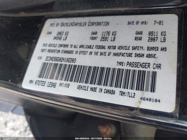 2002 Chrysler Concorde Limited მანქანა იყიდება აუქციონზე, vin: 2C3AD56G02H102203, აუქციონის ნომერი: 45893835