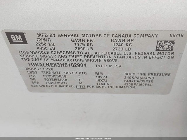 Продажа на аукционе авто 2017 Gmc Terrain Sle-2, vin: 2GKALNEK3H6102984, номер лота: 45893849