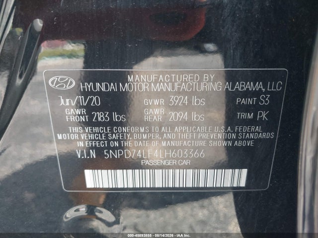 Продажа на аукционе авто 2020 Hyundai Elantra Se, vin: 5NPD74LF4LH603366, номер лота: 45893855