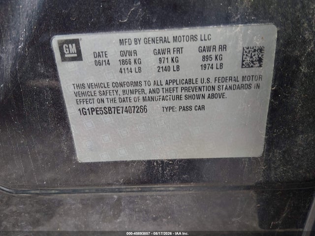 45893857 :رقم المزاد ، 1G1PE5SB7E7407266 vin ، 2014 Chevrolet Cruze 2lt Auto مزاد بيع