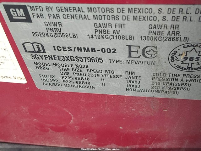 45893860 :رقم المزاد ، 3GYFNEE3XGS579605 vin ، 2016 Cadillac Srx Luxury Collection مزاد بيع