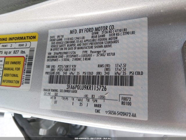 Продажа на аукционе авто 2019 Ford Fusion Hybrid Se, vin: 3FA6P0LU9KR115726, номер лота: 45893872
