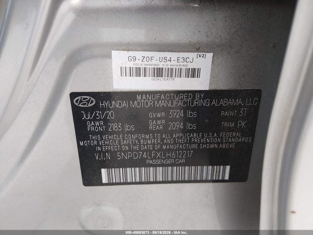 Продаж на аукціоні авто 2020 Hyundai Elantra Se, vin: 5NPD74LFXLH612217, номер лоту: 45893873