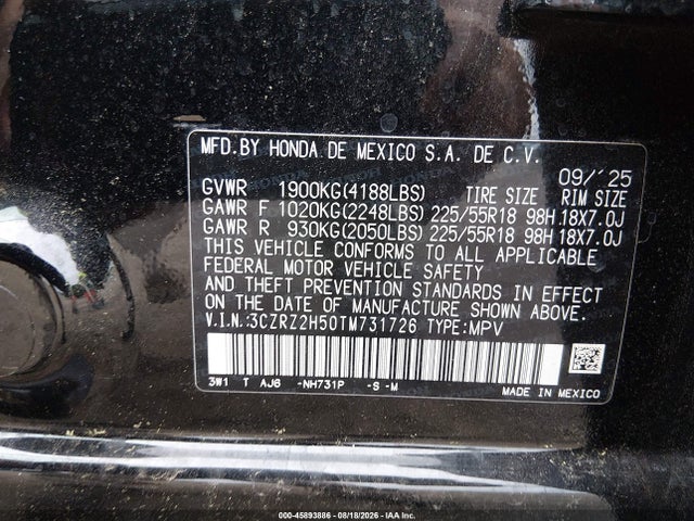 2026 Honda Hr-v Awd Sport მანქანა იყიდება აუქციონზე, vin: 3CZRZ2H50TM731726, აუქციონის ნომერი: 45893886
