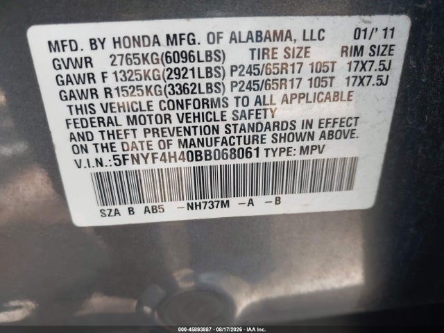 2011 Honda Pilot Ex მანქანა იყიდება აუქციონზე, vin: 5FNYF4H40BB068061, აუქციონის ნომერი: 45893887