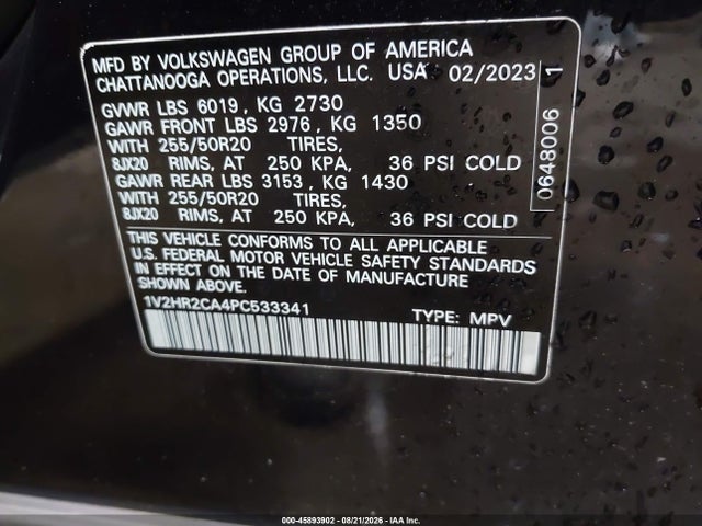 2023 Volkswagen Atlas 3.6l V6 Se W/technology მანქანა იყიდება აუქციონზე, vin: 1V2HR2CA4PC533341, აუქციონის ნომერი: 45893902