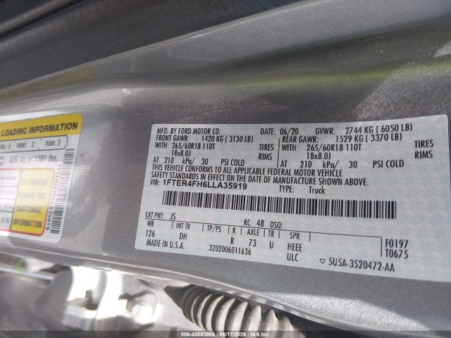 Продаж на аукціоні авто 2020 Ford Ranger Lariat, vin: 1FTER4FH6LLA35919, номер лоту: 45893905