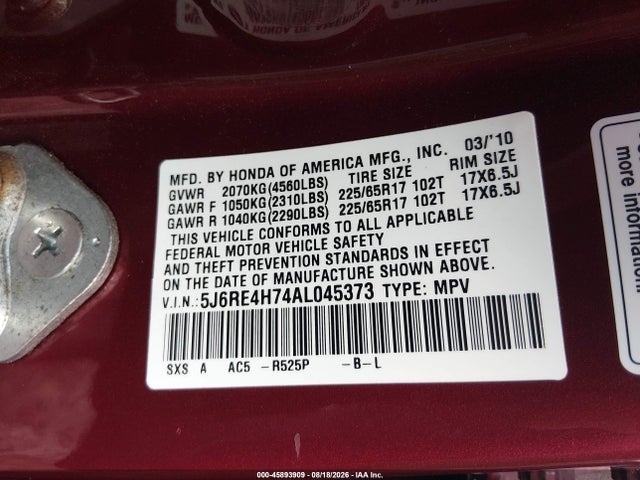 Aukcja sprzedaży 2010 Honda Cr-v Ex-l, vin: 5J6RE4H74AL045373, numer aukcji: 45893909