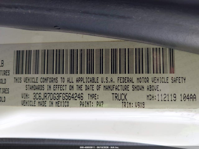 45893911 :رقم المزاد ، 3C6JR7DG3FG564246 vin ، 2015 Ram 1500 Tradesman مزاد بيع