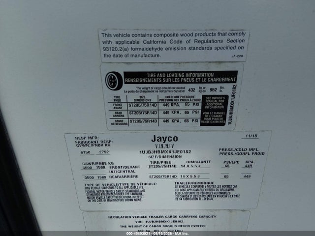 45893921 :رقم المزاد ، 1UJBJHBMXK1jE0182 vin ، 2019 Jayco X23e Jay Feather مزاد بيع