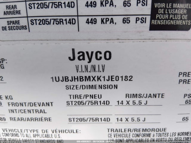 45893921 :رقم المزاد ، 1UJBJHBMXK1jE0182 vin ، 2019 Jayco X23e Jay Feather مزاد بيع