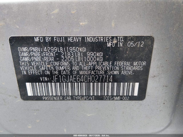 2012 Subaru Impreza 2.0i Premium მანქანა იყიდება აუქციონზე, vin: JF1GJAE64CH027714, აუქციონის ნომერი: 45893925