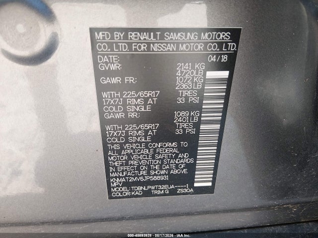2018 Nissan Rogue S მანქანა იყიდება აუქციონზე, vin: KNMAT2MV6JP588931, აუქციონის ნომერი: 45893928