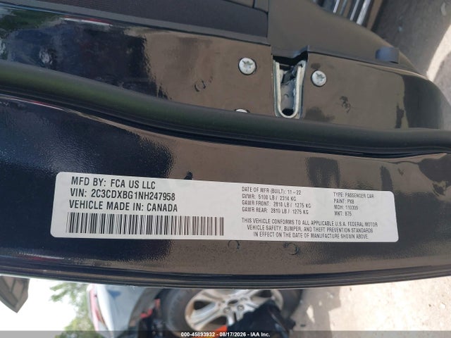 45893932 :رقم المزاد ، 2C3CDXBG1NH247958 vin ، 2022 Dodge Charger Sxt Rwd مزاد بيع