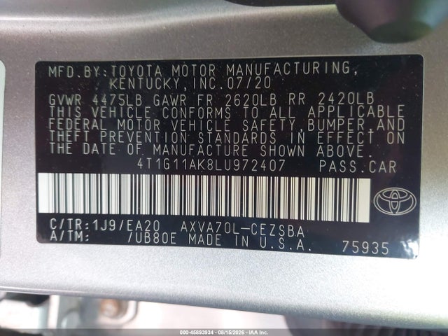 4T1G11AK8LU972407 Toyota CAMRY SE