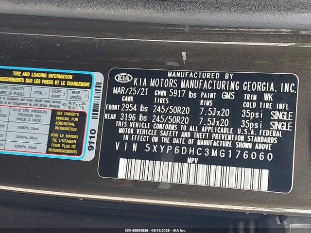 Aukcja sprzedaży 2021 Kia Telluride S, vin: 5XYP6DHC3MG176060, numer aukcji: 45893936