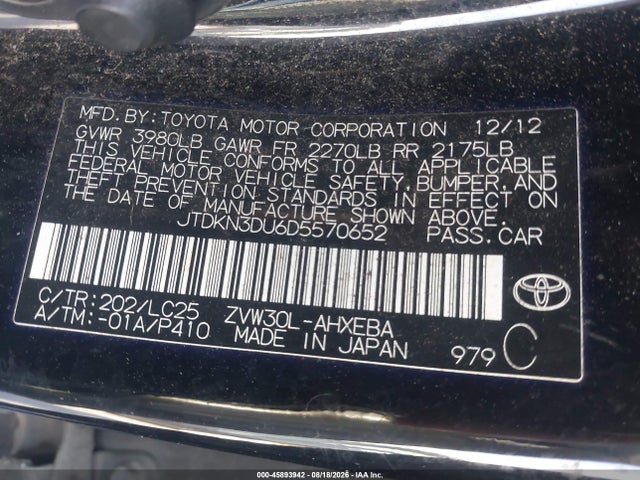 45893942 :رقم المزاد ، JTDKN3DU6D5570652 vin ، 2013 Toyota Prius Three Se مزاد بيع