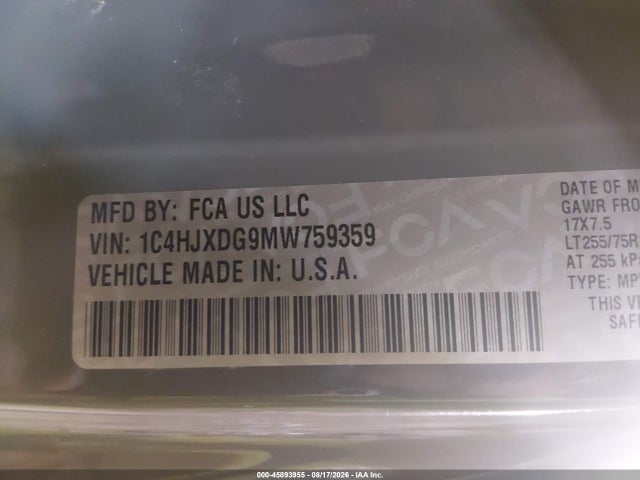 2021 Jeep Wrangler Unlimited Willys 4x4 მანქანა იყიდება აუქციონზე, vin: 1C4HJXDG9MW759359, აუქციონის ნომერი: 45893955