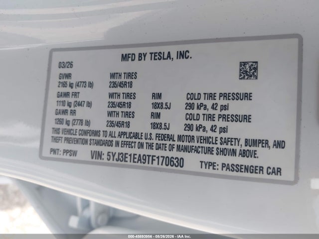 Tesla MODEL 3 2026 5YJ3E1EA9TF170630 Image 9