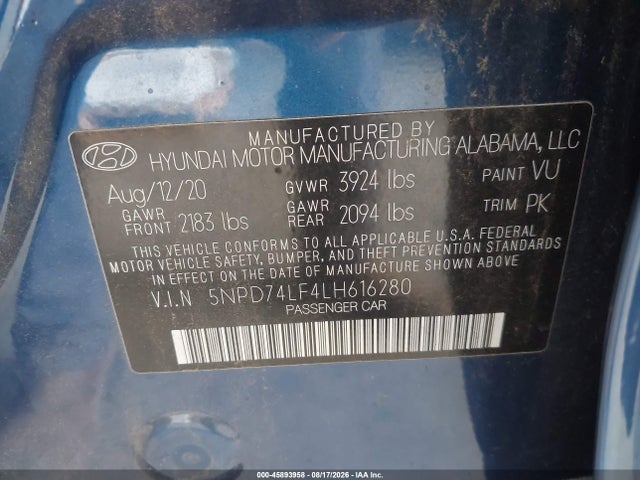 Aukcja sprzedaży 2020 Hyundai Elantra Se, vin: 5NPD74LF4LH616280, numer aukcji: 45893958