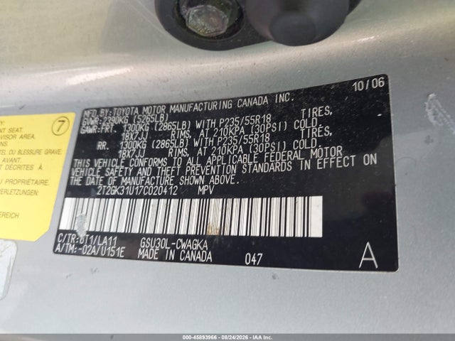45893966 :رقم المزاد ، 2T2GK31U17C020412 vin ، 2007 Lexus Rx 350 مزاد بيع