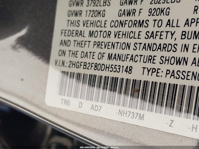 45893998 :رقم المزاد ، 2HGFB2F80DH553148 vin ، 2013 Honda Civic Ex مزاد بيع