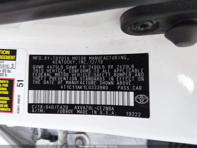 Aukcja sprzedaży 2020 Toyota Camry Le, vin: 4T1C11AK1LU333980, numer aukcji: 45894001