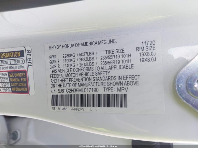 Aukcja sprzedaży 2021 Acura Rdx Standard, vin: 5J8TC2H39ML017190, numer aukcji: 45894005