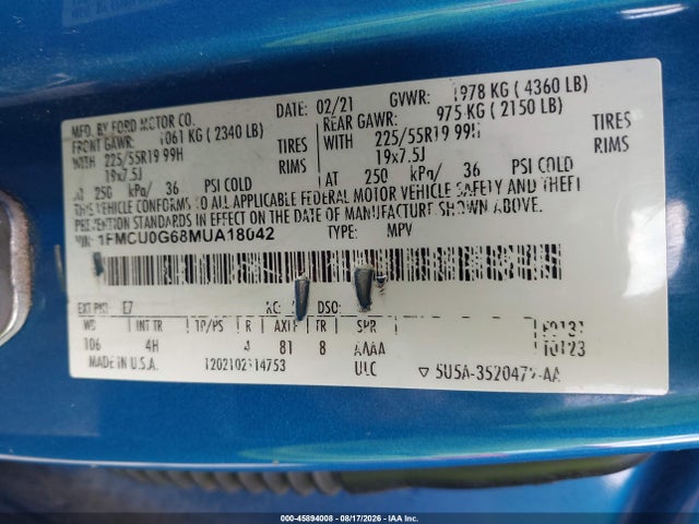 45894008 :رقم المزاد ، 1FMCU0G68MUA18042 vin ، 2021 Ford Escape Se مزاد بيع