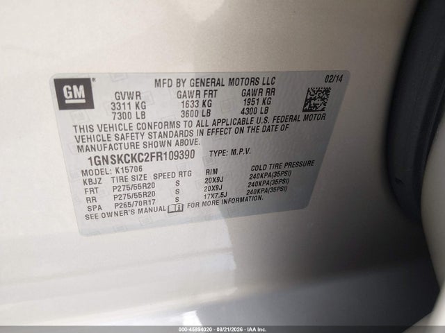 45894020 :رقم المزاد ، 1GNSKCKC2FR109390 vin ، 2015 Chevrolet Tahoe Ltz مزاد بيع