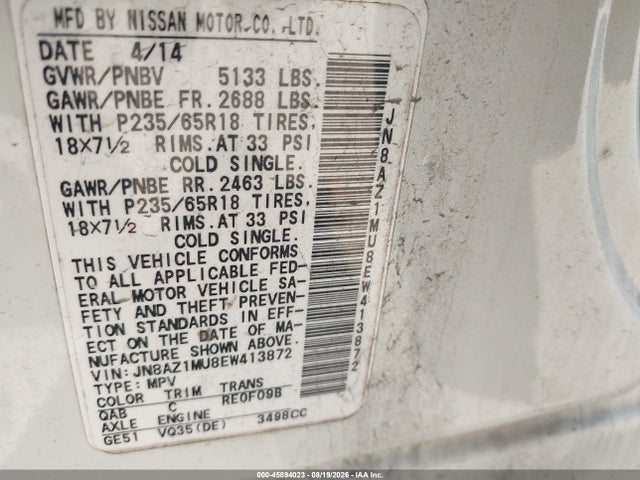 Aukcja sprzedaży 2014 Nissan Murano Sl, vin: JN8AZ1MU8EW413872, numer aukcji: 45894023