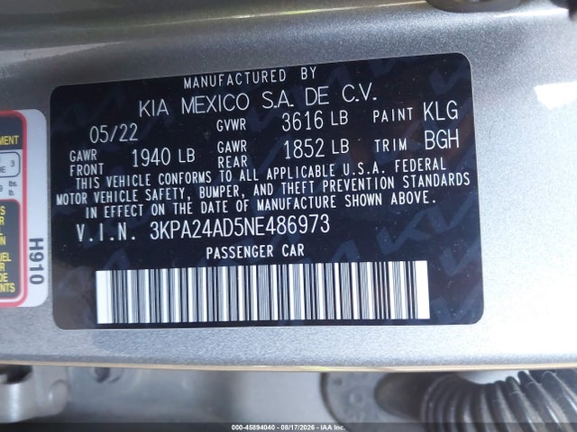 Aukcja sprzedaży 2022 Kia Rio S, vin: 3KPA24AD5NE486973, numer aukcji: 45894040