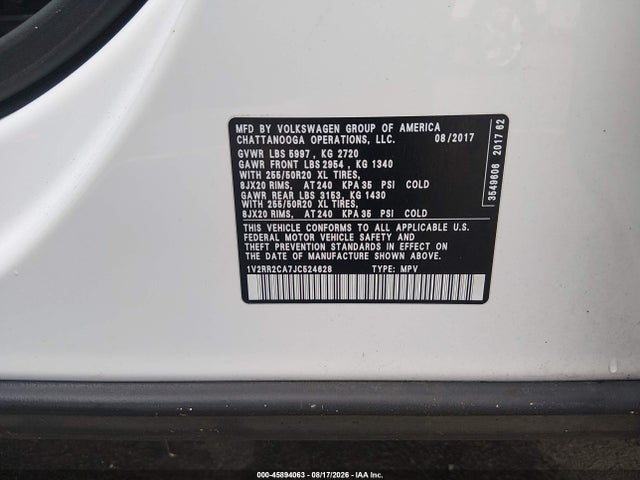 2018 Volkswagen Atlas 3.6l V6 Sel მანქანა იყიდება აუქციონზე, vin: 1V2RR2CA7JC524628, აუქციონის ნომერი: 45894063