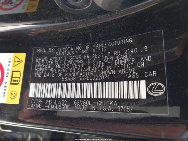 2016 Lexus Es 350 მანქანა იყიდება აუქციონზე, vin: 58ABK1GG2GU022021, აუქციონის ნომერი: 45894066