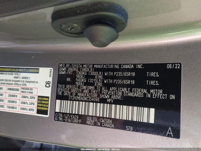 45894103 :رقم المزاد ، 2T2HZMDA0NC354046 vin ، 2022 Lexus Rx 350 مزاد بيع