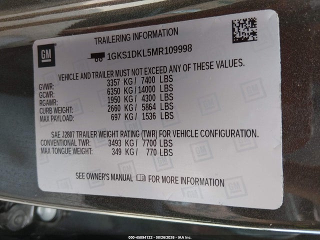 45894122 :رقم المزاد ، 1GKS1DKL5MR109998 vin ، 2021 Gmc Yukon 2wd Denali مزاد بيع