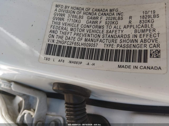 45894123 :رقم المزاد ، 2HGFC2F65LH509057 vin ، 2020 Honda Civic Lx مزاد بيع