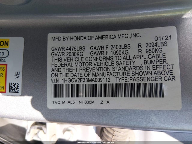 Продаж на аукціоні авто 2021 Honda Accord Sport 2.0t, vin: 1HGCV2F33MA009112, номер лоту: 45894125