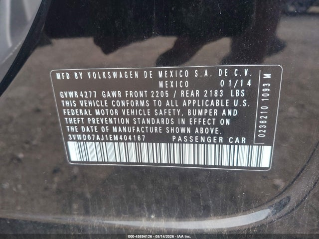 2014 Volkswagen Jetta 1.8t Se მანქანა იყიდება აუქციონზე, vin: 3VWD07AJ1EM404167, აუქციონის ნომერი: 45894126