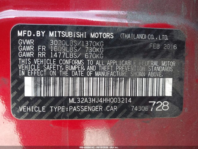 Mitsubishi MIRAGE ES 2017 ML32A3HJ4HH003214 Image 9