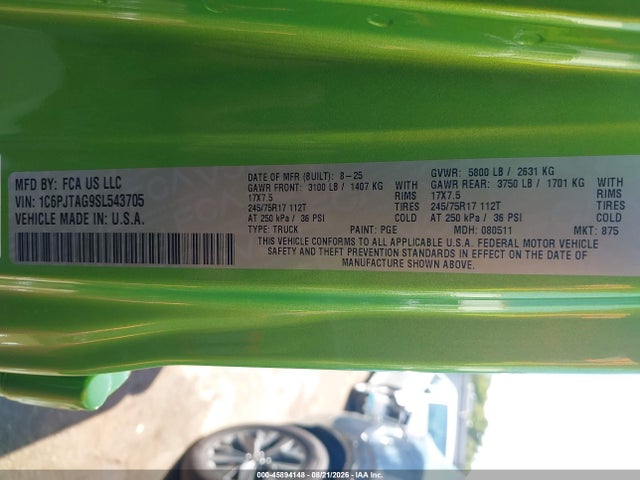 45894148 :رقم المزاد ، 1C6PJTAG9SL543705 vin ، 2025 Jeep Gladiator Sport مزاد بيع