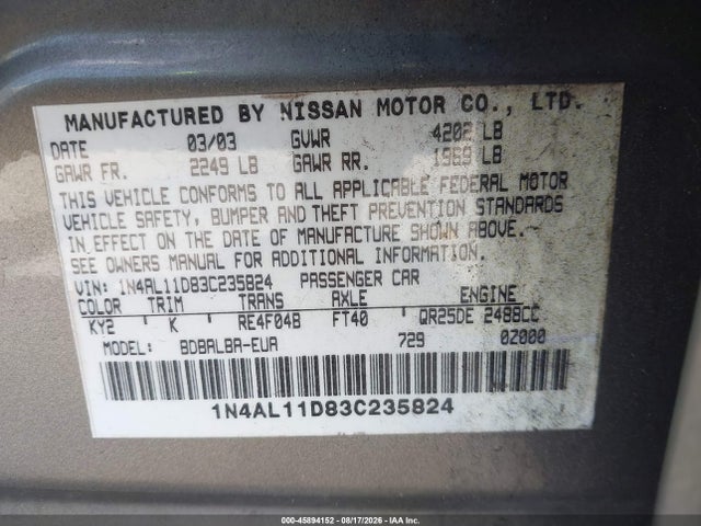 Aukcja sprzedaży 2003 Nissan Altima 2.5 S, vin: 1N4AL11D83C235824, numer aukcji: 45894152