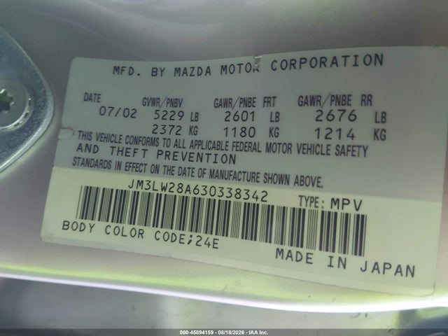 2003 Mazda Mpv Es/lx/lx-sv მანქანა იყიდება აუქციონზე, vin: JM3LW28A630338342, აუქციონის ნომერი: 45894159