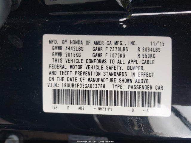 Продаж на аукціоні авто 2016 Acura Tlx, vin: 19UUB1F33GA003788, номер лоту: 45894167