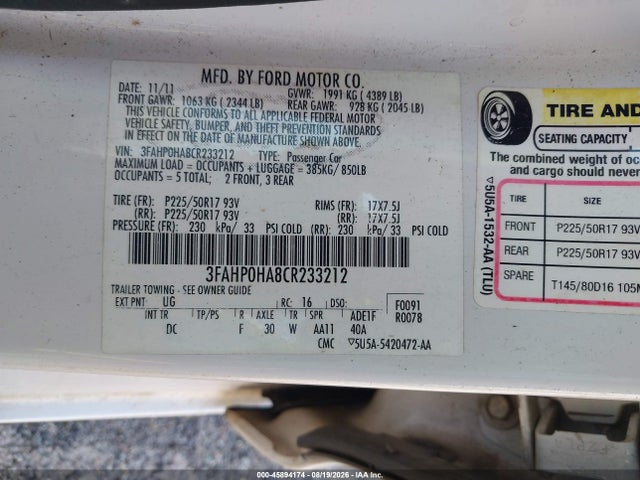 45894174 :رقم المزاد ، 3FAHP0HA8CR233212 vin ، 2012 Ford Fusion Se مزاد بيع