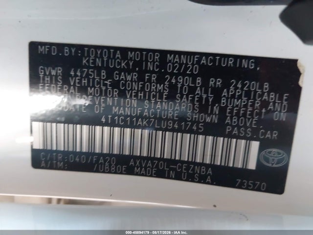 Продаж на аукціоні авто 2020 Toyota Camry Le, vin: 4T1C11AK7LU941745, номер лоту: 45894179